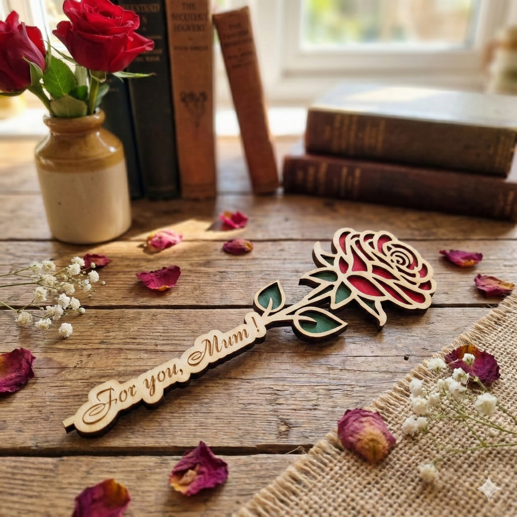 Personalised Wooden Rose Decoration – Hand Painted Laser Cut Rose, 22cm Gift for Mum, Grandma or Teacher