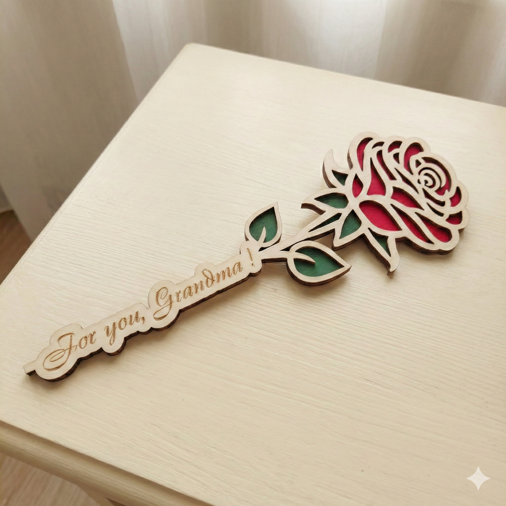 Personalised Wooden Rose Decoration – Hand Painted Laser Cut Rose, 22cm Gift for Mum, Grandma or Teacher