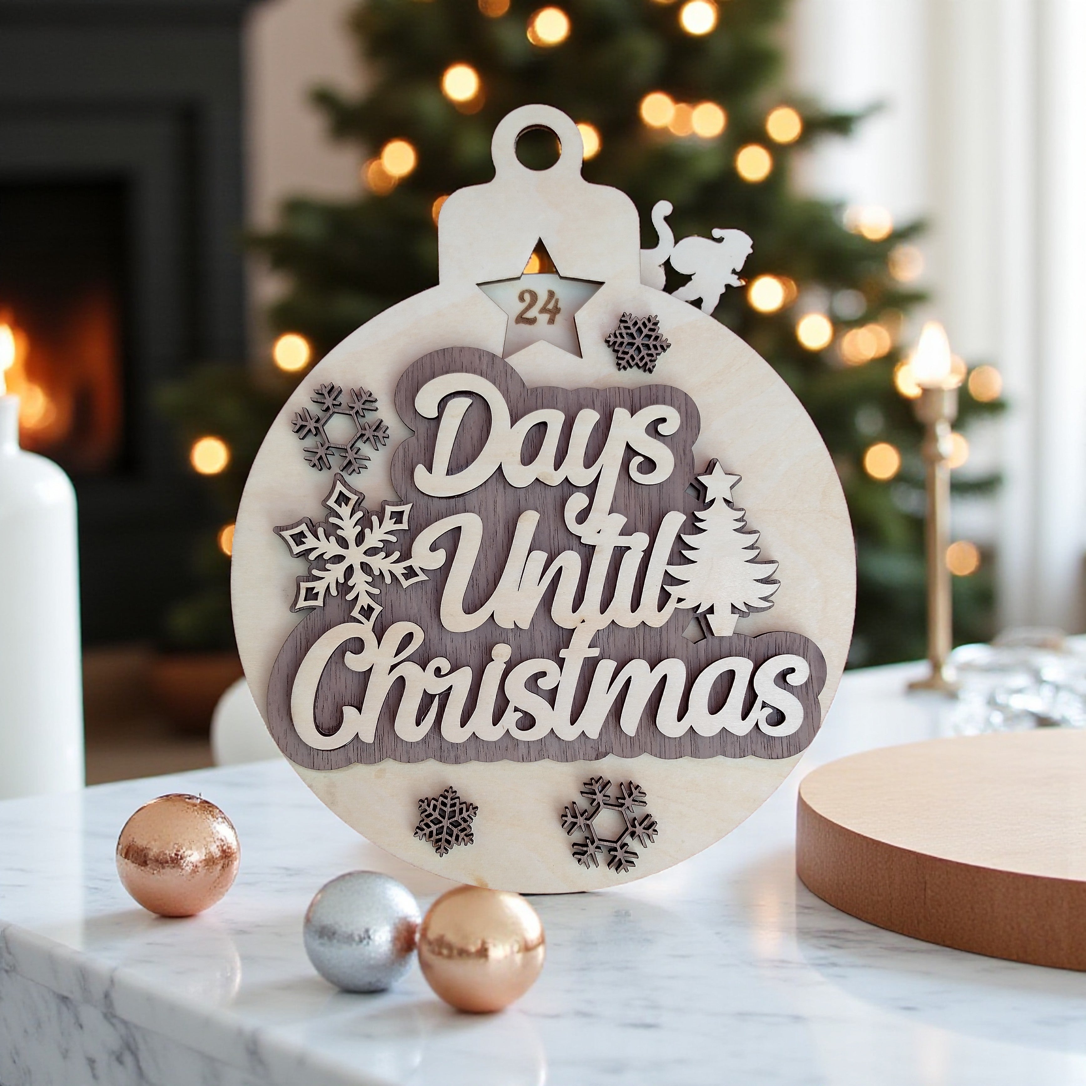 Wooden Christmas Countdown Ornament – Rustic Holiday Advent Calendar Decoration, Laser Cut Wooden Xmas Ornament for Families and Kids