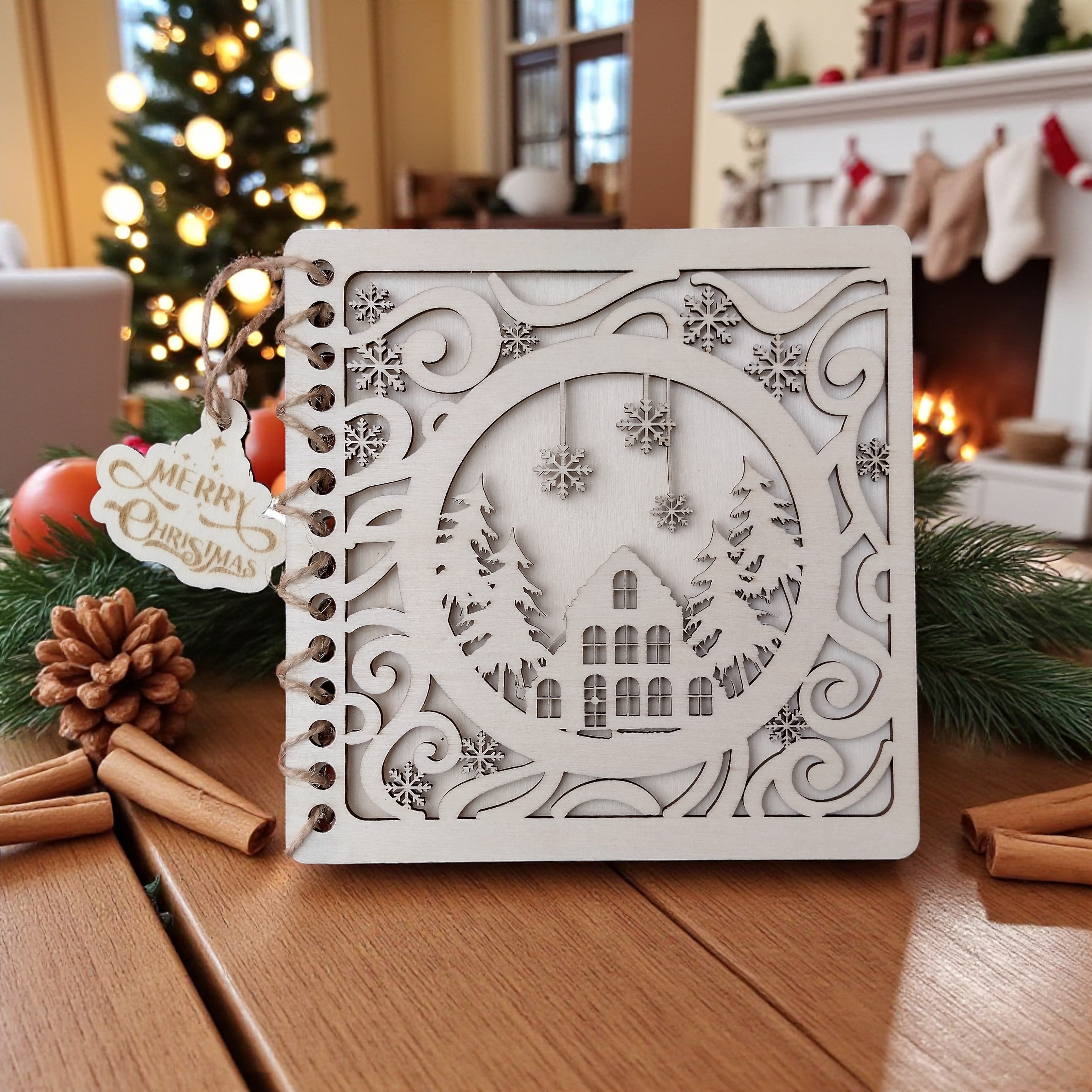 Rustic handmade birch wood Christmas card displayed in a festive home with Christmas tree – CraftRay Gifts.