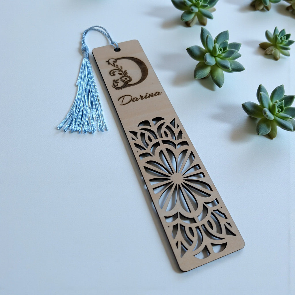 Personalized Wooden Bookmark with Name & Initial – Laser Cut Floral Monogram