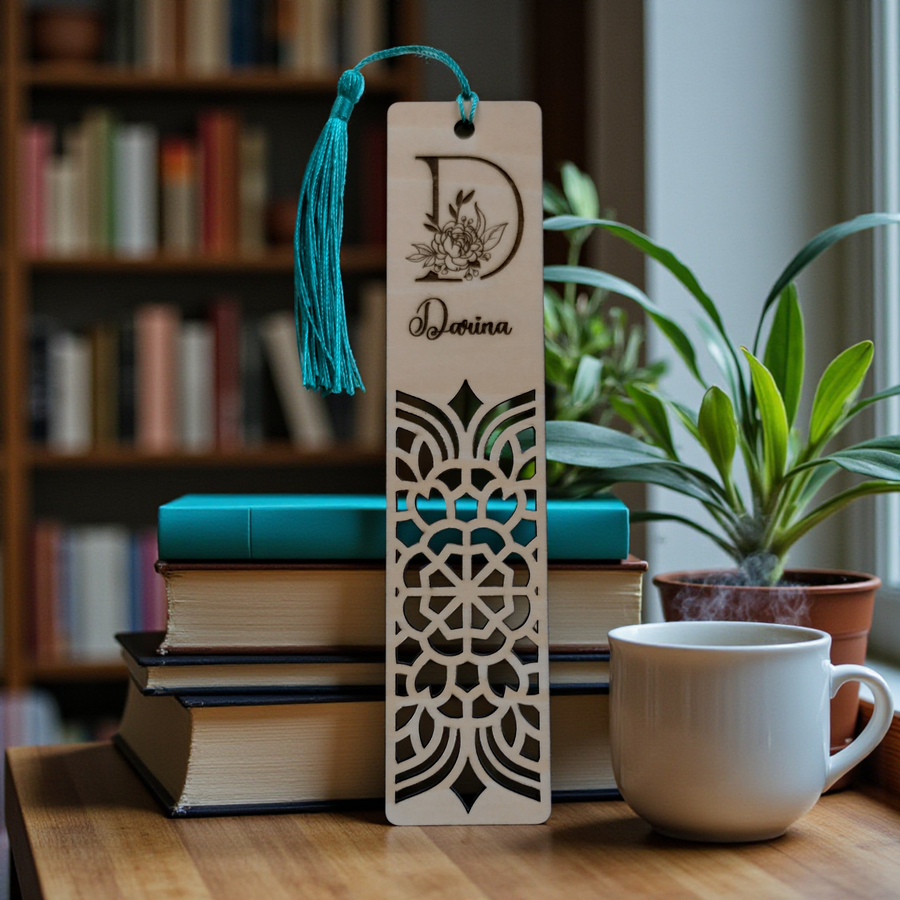 Personalized Wooden Bookmark with Name & Initial – Laser Cut Floral Monogram