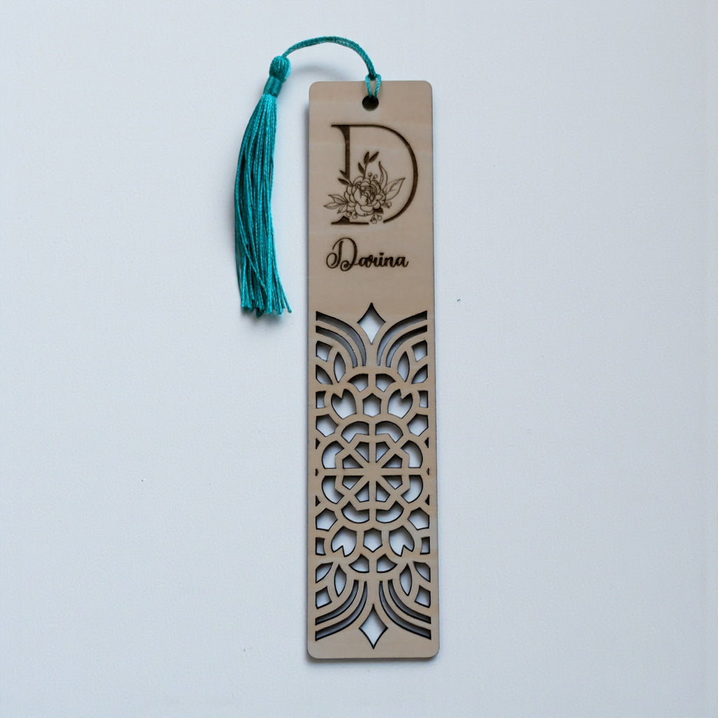 Personalized Wooden Bookmark with Name & Initial – Laser Cut Floral Monogram