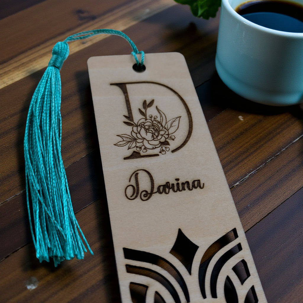Personalized Wooden Bookmark with Name & Initial – Laser Cut Floral Monogram