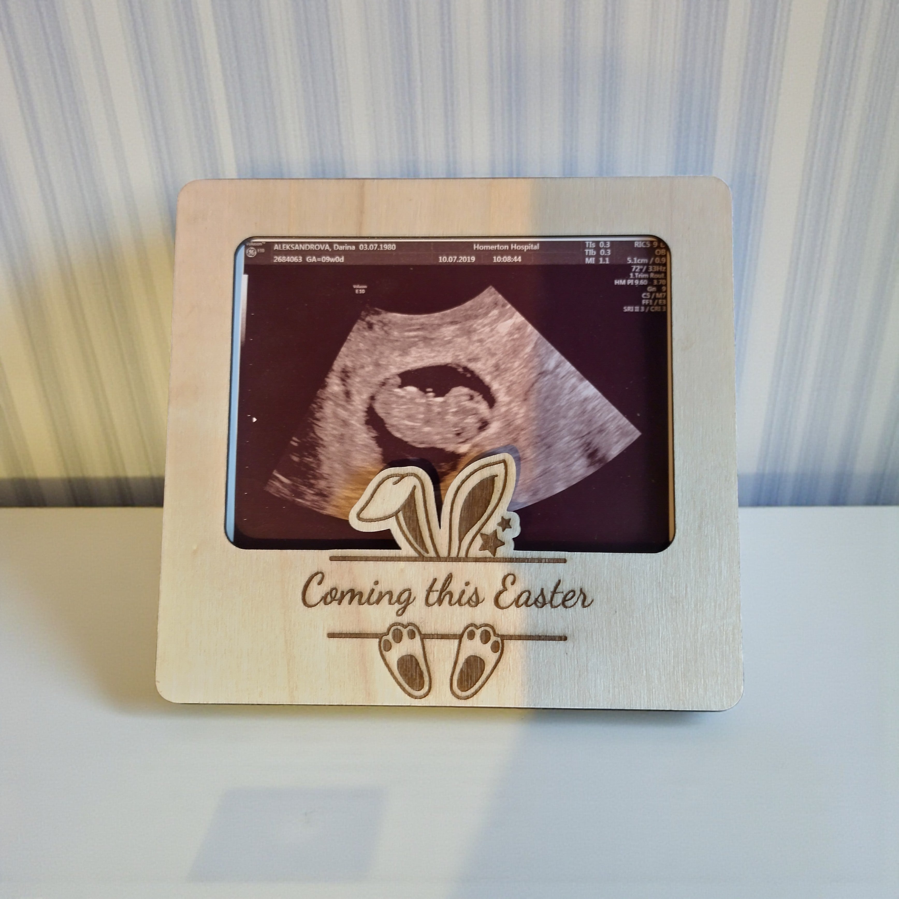 Easter Pregnancy Announcement Ultrasound Frame – Wooden Magnet or Stand, “Coming this Easter”
