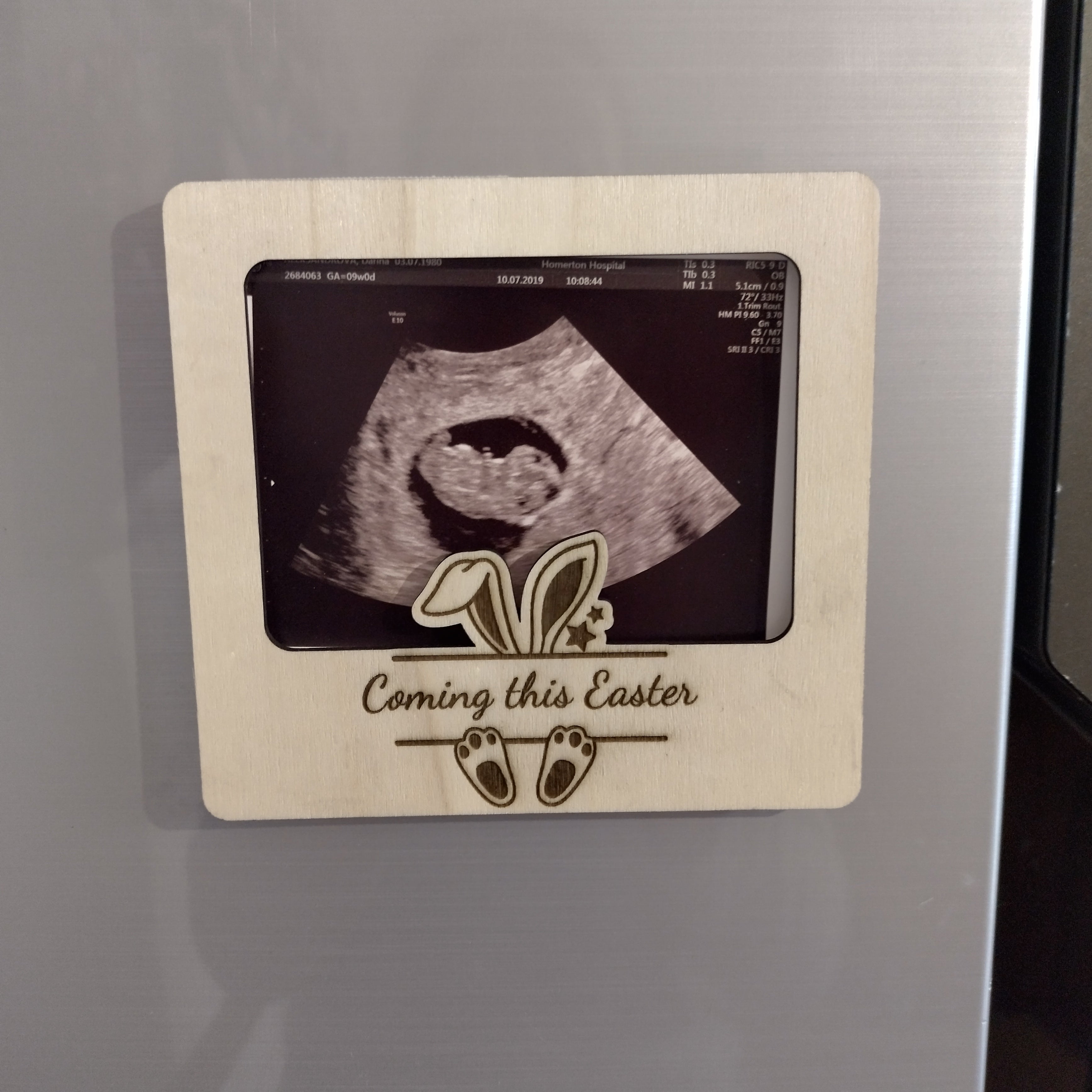 Easter Pregnancy Announcement Ultrasound Frame – Wooden Magnet or Stand, “Coming this Easter”