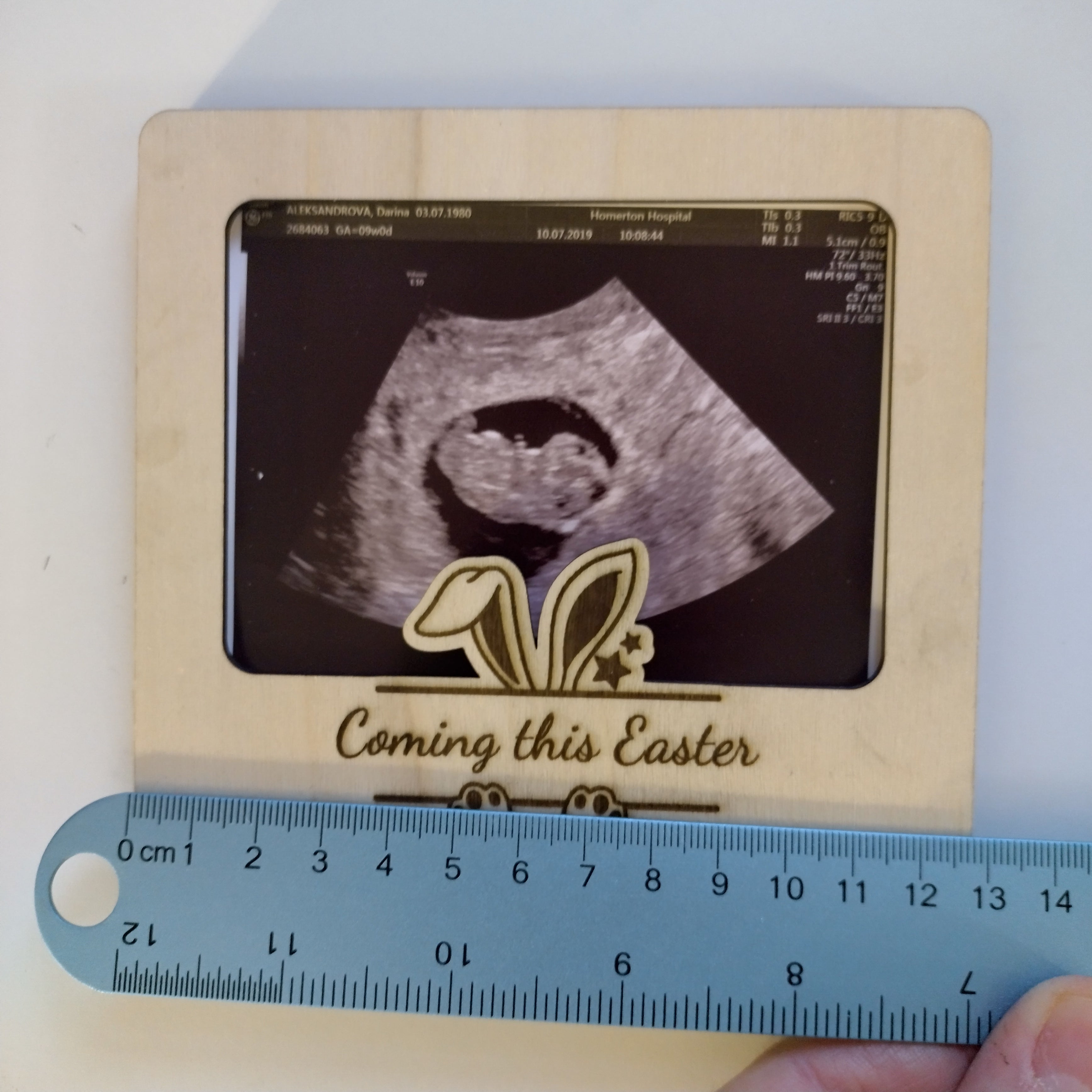 Easter Pregnancy Announcement Ultrasound Frame – Wooden Magnet or Stand, “Coming this Easter”