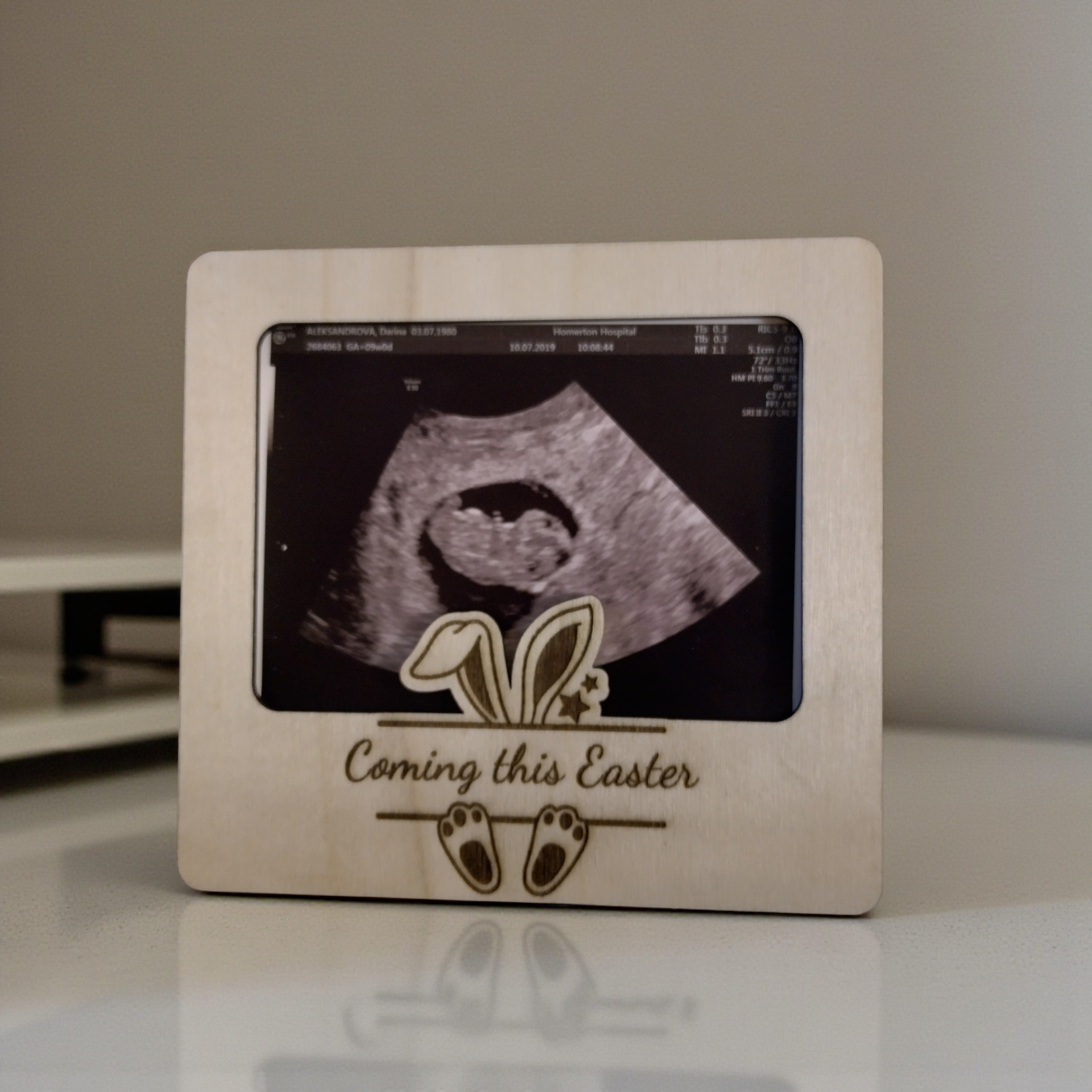 Easter Pregnancy Announcement Ultrasound Frame – Wooden Magnet or Stand, “Coming this Easter”