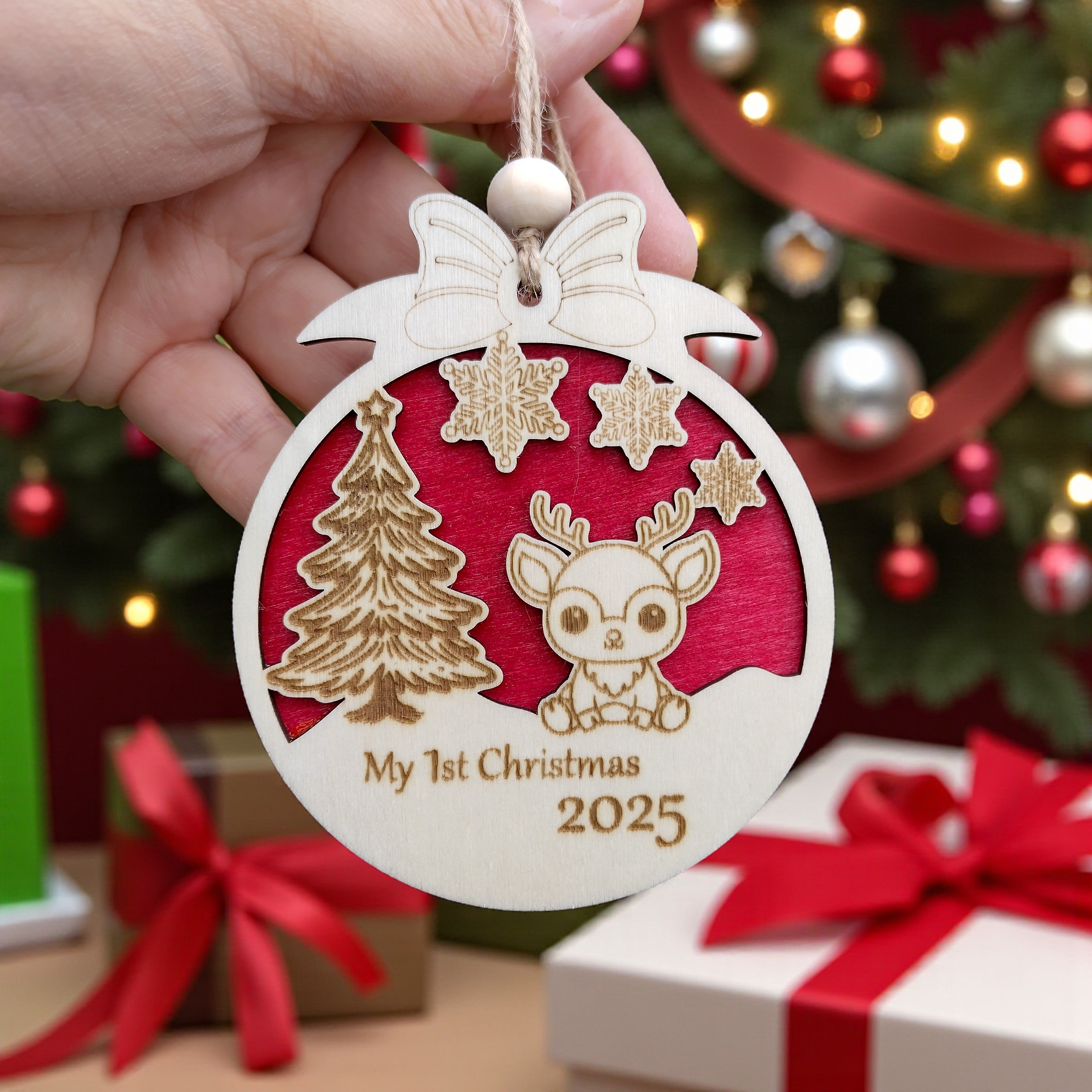 Engraved wooden ornament “My 1st Christmas 2025” with reindeer and tree – handmade by CraftRay Gifts.