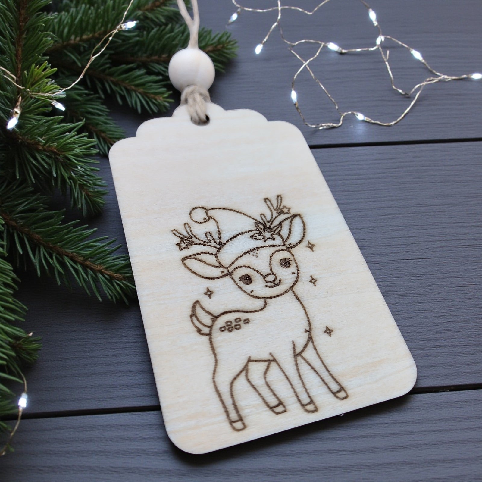 Cute baby reindeer wooden Christmas gift tag – engraved and personalised handmade tag by CraftRay Gifts.