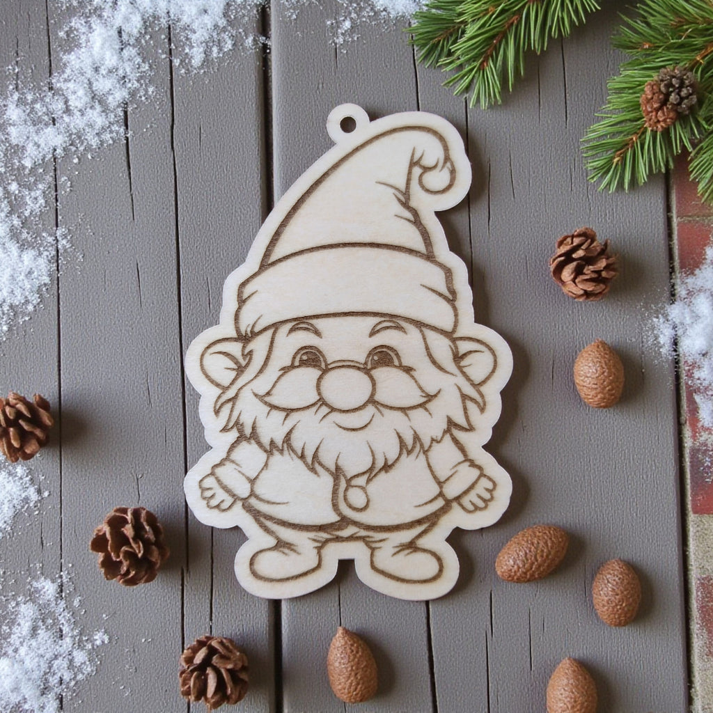 Santa Claus ornament with hat and beard, engraved on natural wood.