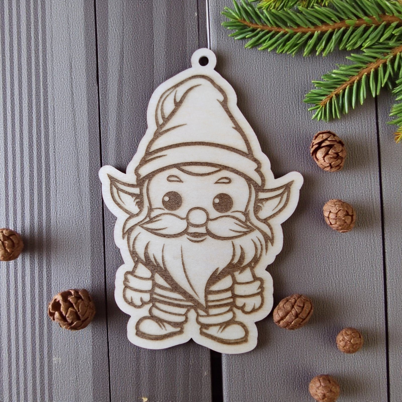 Christmas elf wooden ornament, engraved wooden decoration by CraftRay Gifts.