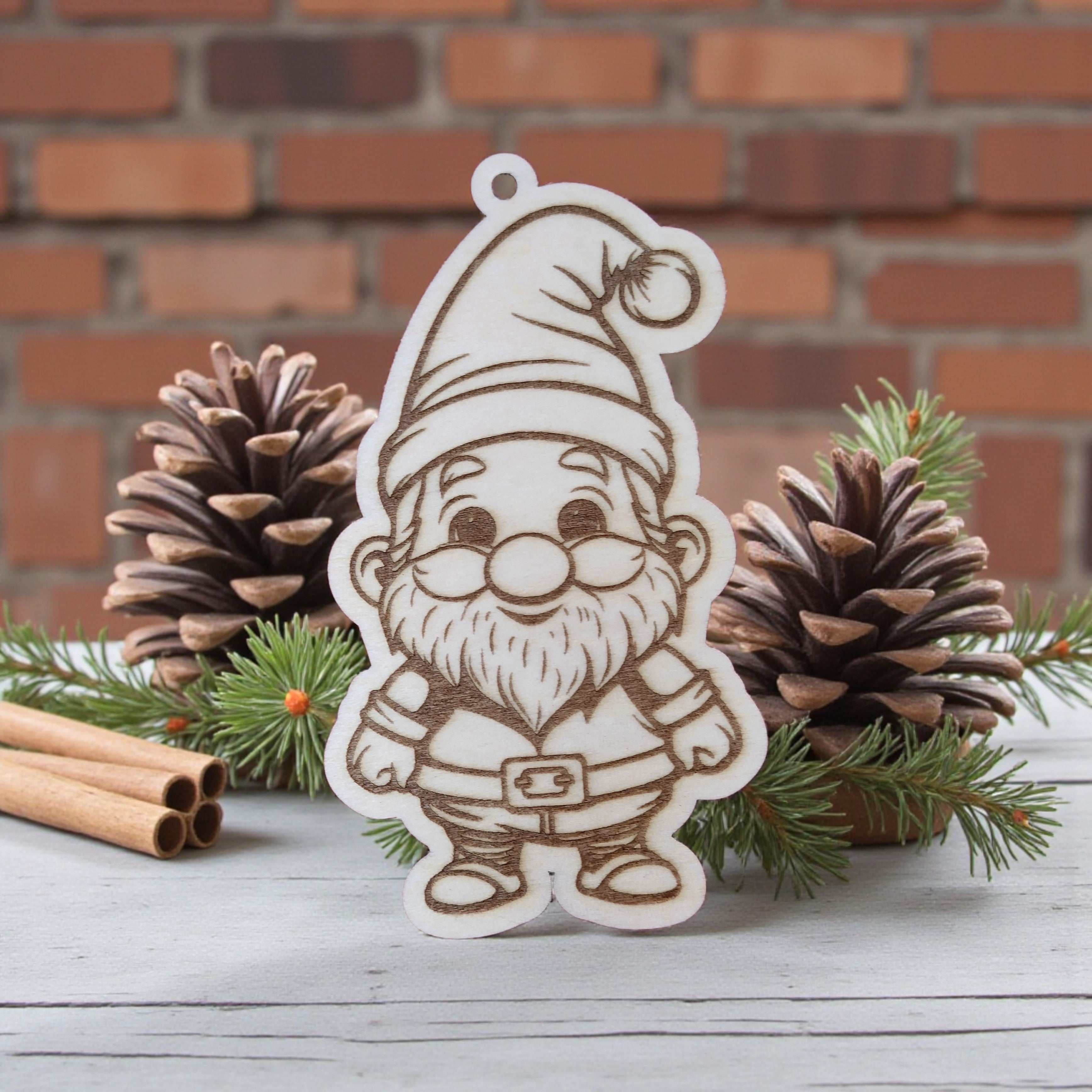 Santa gnome wooden ornament, engraved Nordic Christmas decoration.