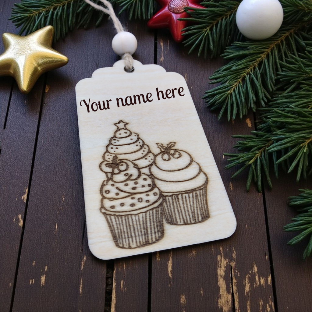 Sweet engraved wooden cupcake Christmas gift tag – handmade festive tag by CraftRay Gifts.