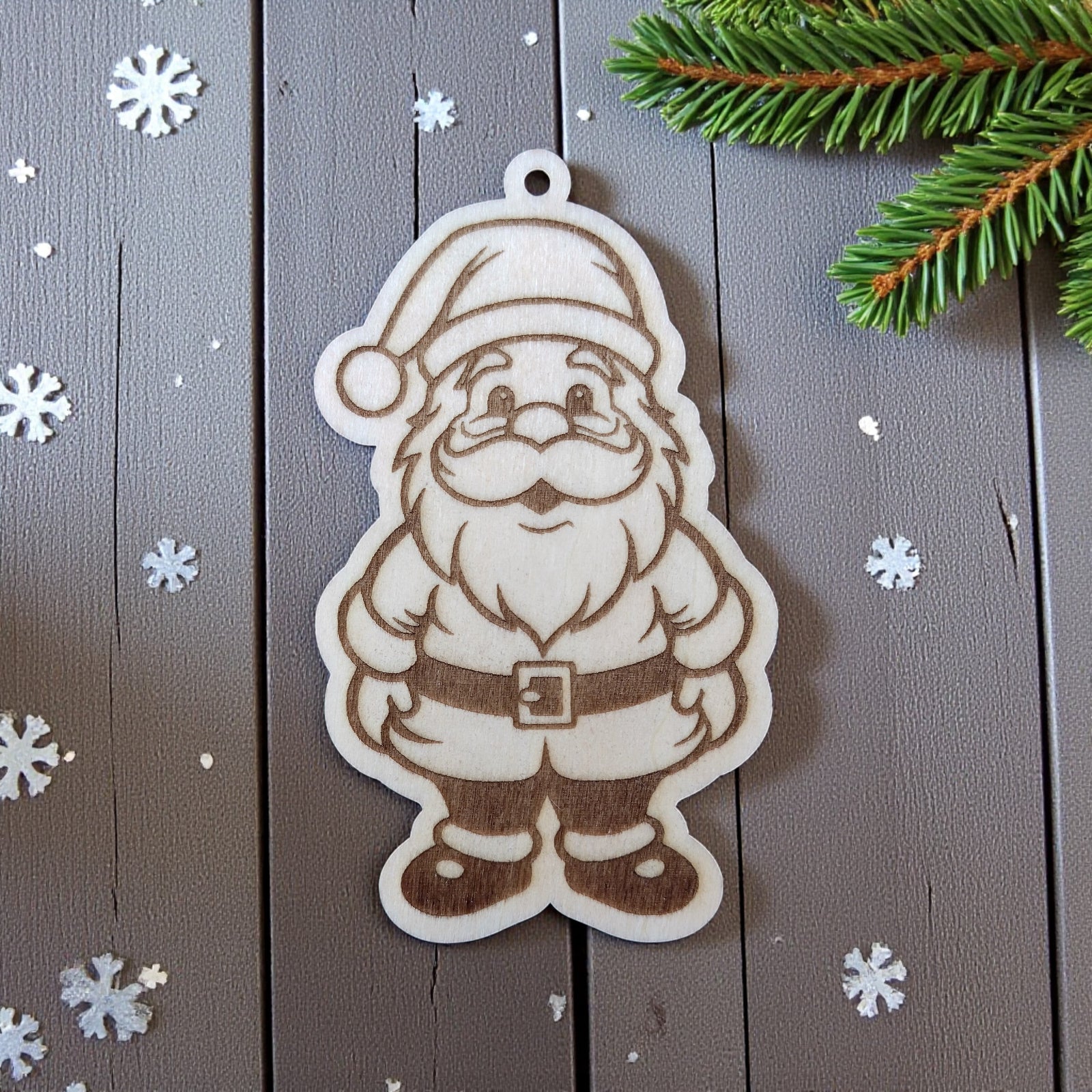 Classic Santa Claus wooden ornament, laser engraved holiday decoration.