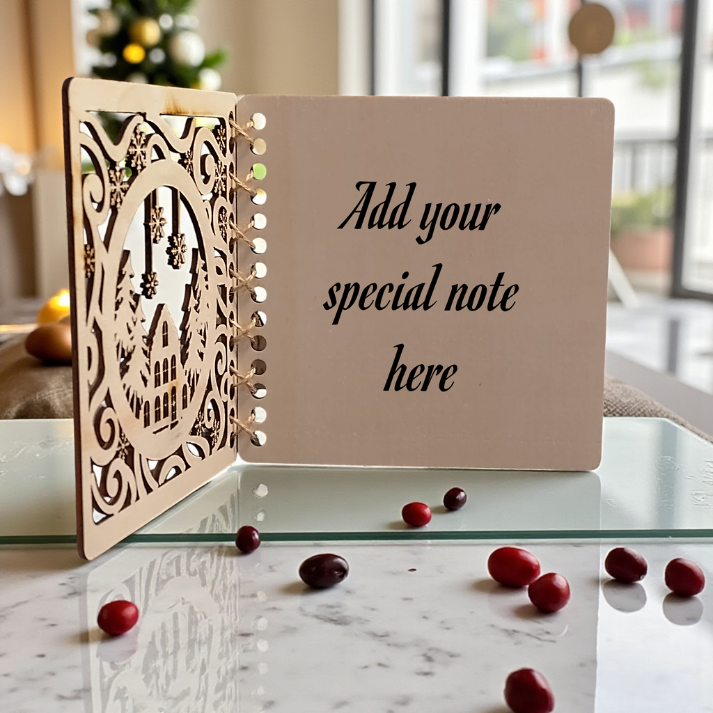 Open wooden Christmas card showing inside message area with “Add your special note” text – CraftRay Gifts.