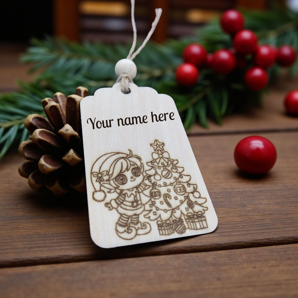 Personalised elf girl wooden Christmas gift tag, engraved and handmade by CraftRay Gifts.