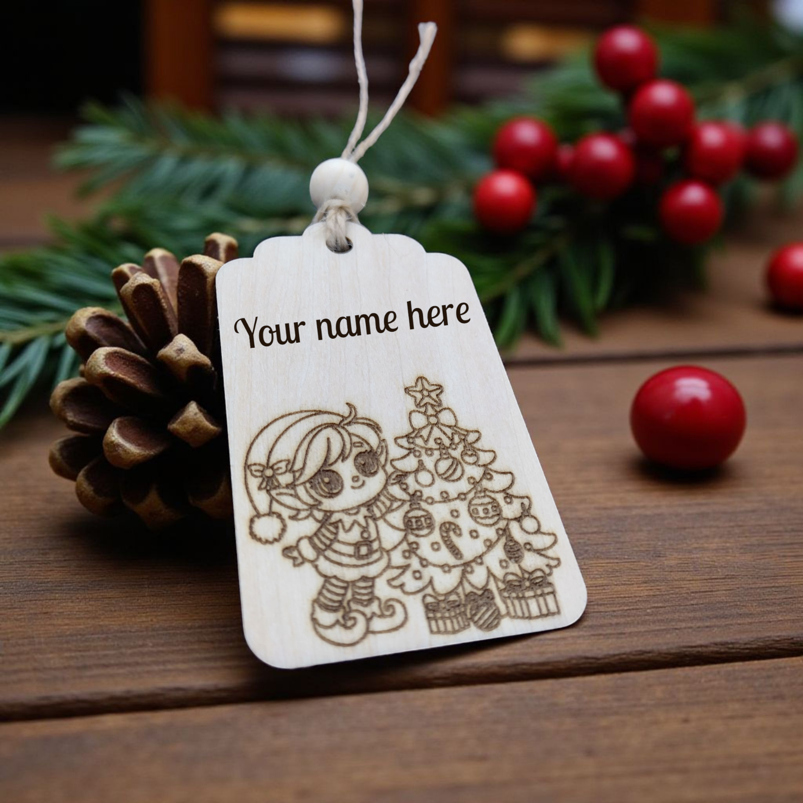 Personalised elf girl wooden Christmas gift tag, engraved and handmade by CraftRay Gifts.