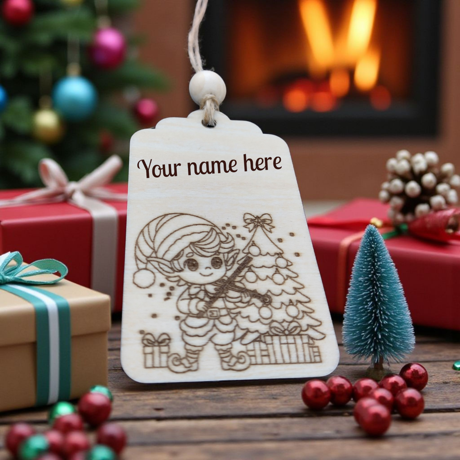Engraved wooden elf and Christmas tree gift tag with custom name – festive handmade tag by CraftRay Gifts.