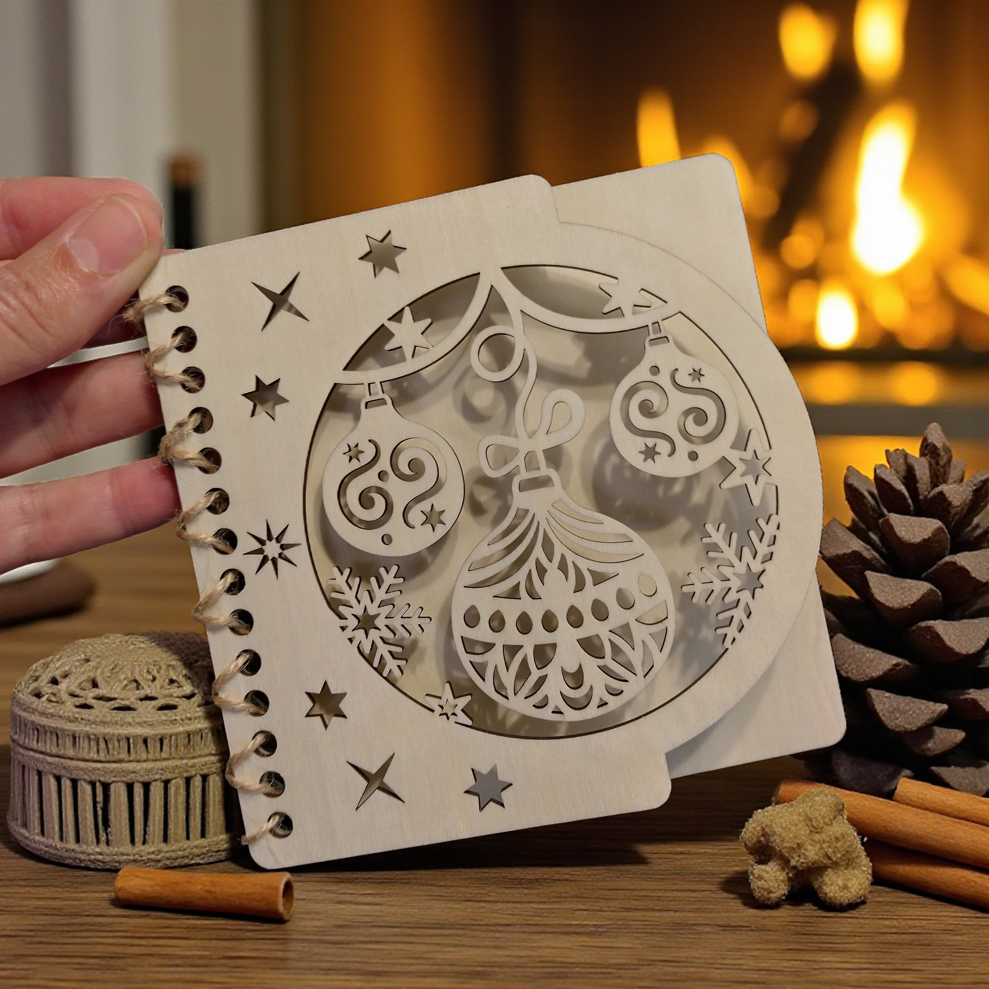 Handmade wooden Christmas card shown by the fireplace, rustic festive style