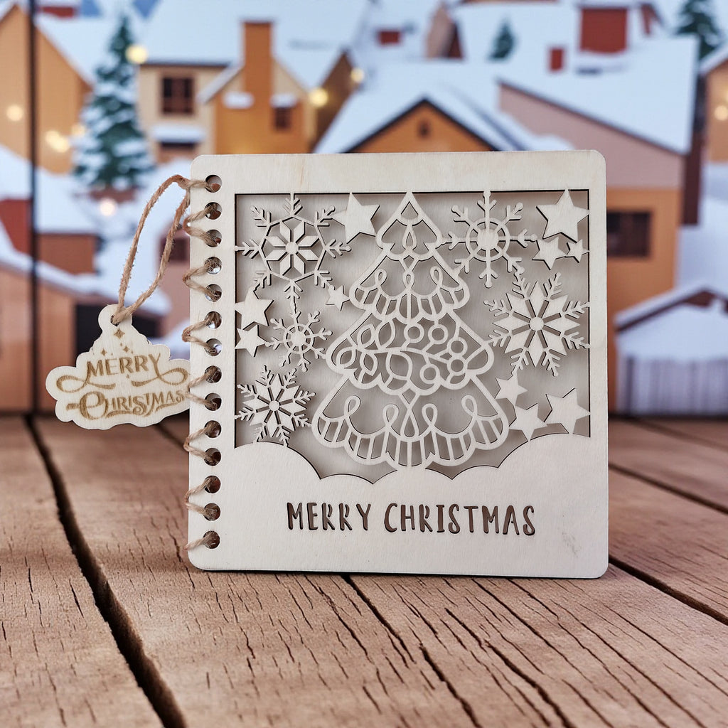 3️⃣ Wooden greeting card – handmade rustic holiday gift idea.
