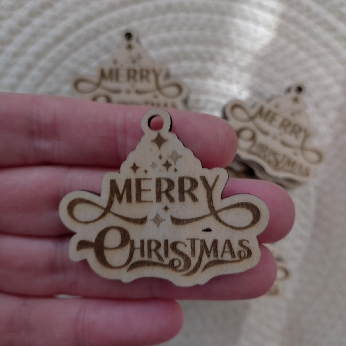 Merry Christmas Wooden Gift Tags|Laser Cut Holiday Ornaments with Twine|Xmas Tree & Stocking Tags|Non Personalized Mini Merry Christmas Tags - product photo 4