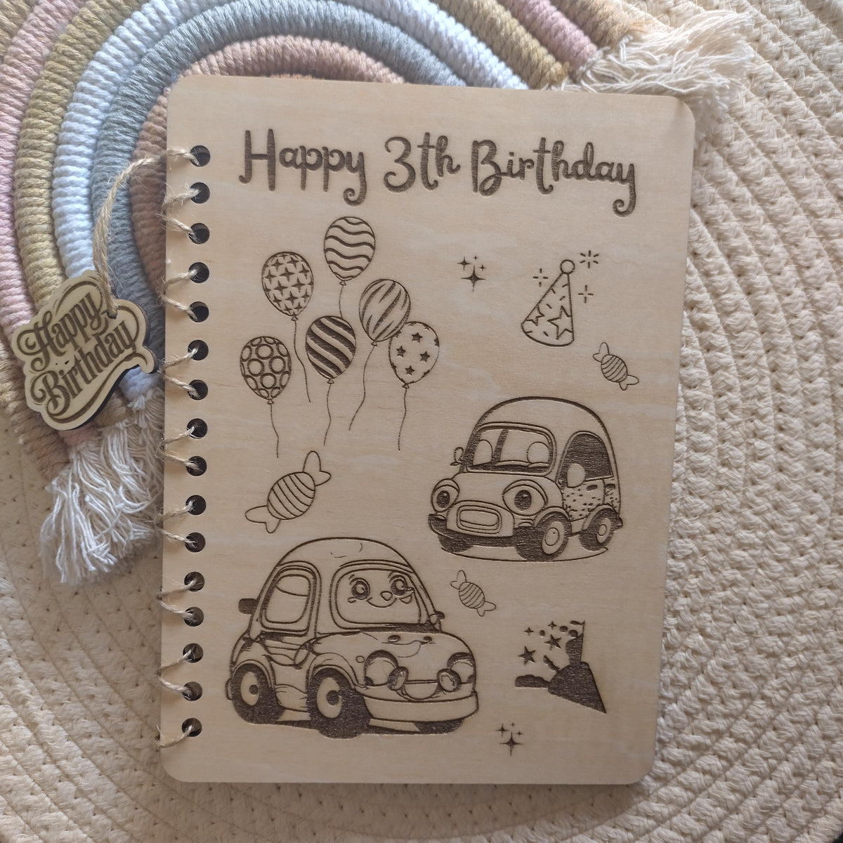 Personalized wooden 3rd birthday card,Laser engraved birthday card for toddler,A5 wooden birthday card for kids,Car themed  birthday  card - product photo 3