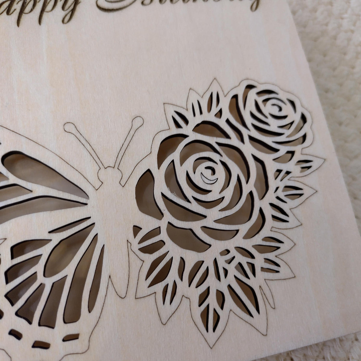 Wooden Happy Birthday Card | Laser Cut Floral Rose Butterfly Card | Milestone 65th 75th 80th 90th 100th Birthday Keepsake - product photo 6