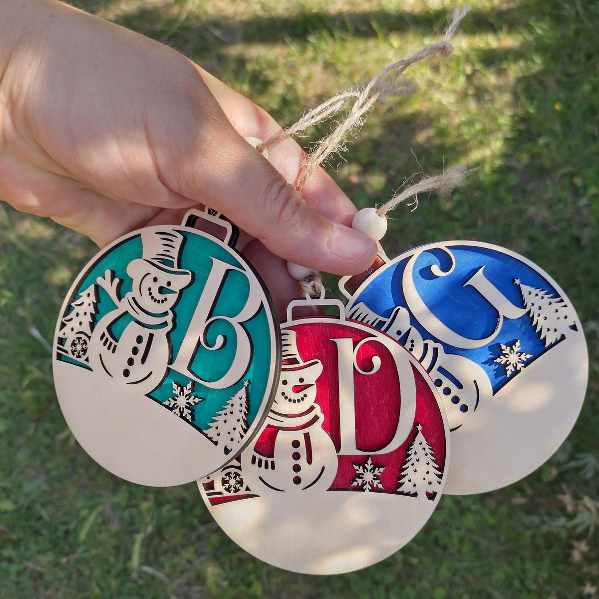 Personalized Snowman Christmas Ornament—Custom Initial Laser Cut Bauble, Wooden Xmas Tree Decoration, Gift Tag Idea