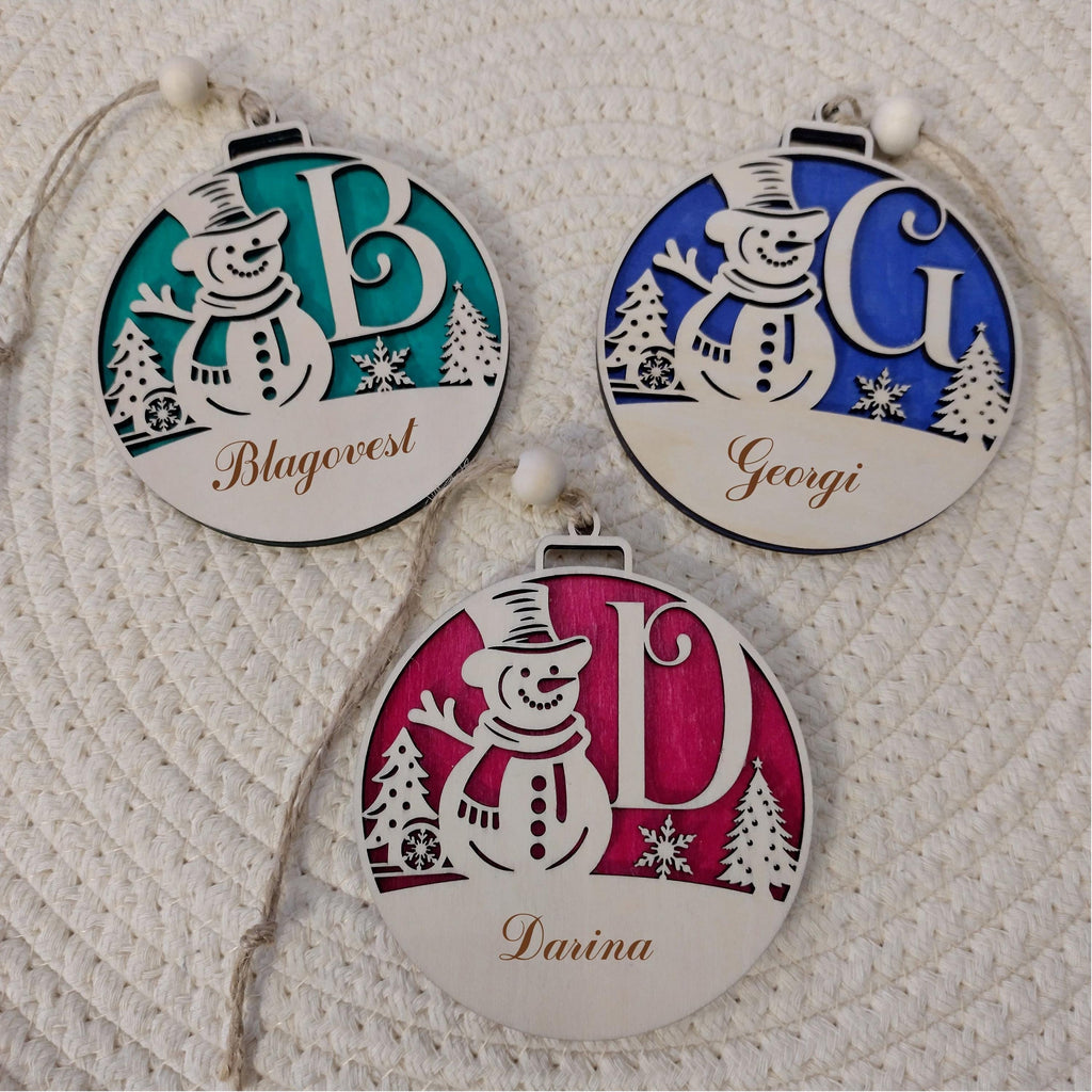 Personalized Snowman Christmas Ornament—Custom Initial Laser Cut Bauble, Wooden Xmas Tree Decoration, Gift Tag Idea - product photo 2