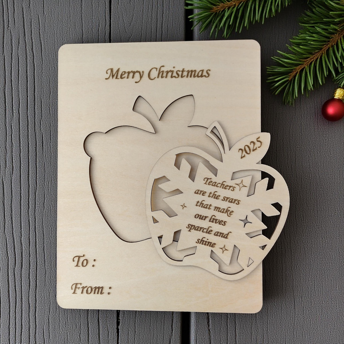 Handmade Wooden Christmas Card for Teacher – Laser-Cut Apple & Snowflake Design, Personalized Holiday Greeting Gift, Rustic Keepsake - product photo 2