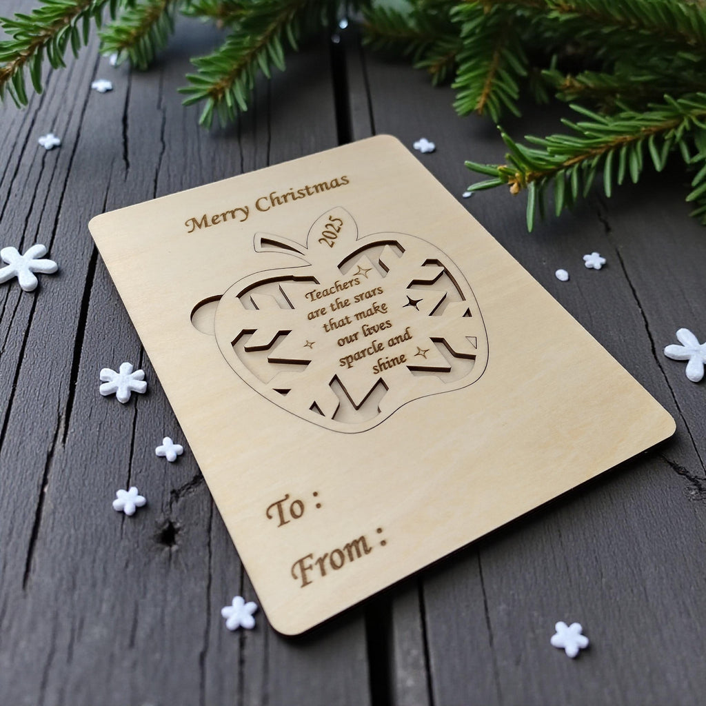 Handmade Wooden Christmas Card for Teacher – Laser-Cut Apple & Snowflake Design, Personalized Holiday Greeting Gift, Rustic Keepsake - product photo 3