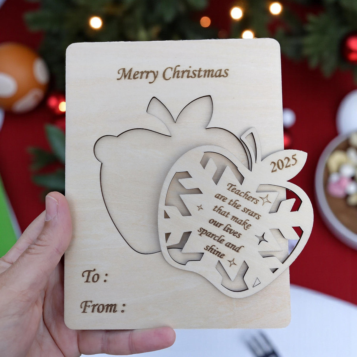 Handmade Wooden Christmas Card for Teacher – Laser-Cut Apple & Snowflake Design, Personalized Holiday Greeting Gift, Rustic Keepsake