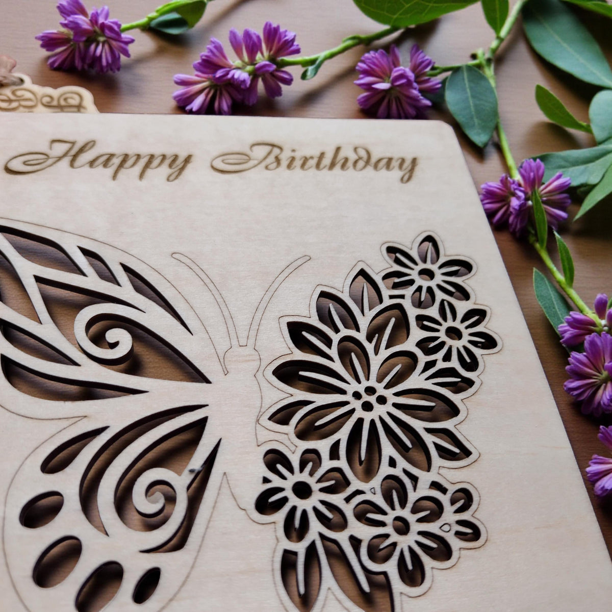 Wooden Happy Birthday Card for Her | Laser Cut Floral Butterfly Birthday Card | Engraved Wooden Keepsake Greeting Card Gift - product photo 5
