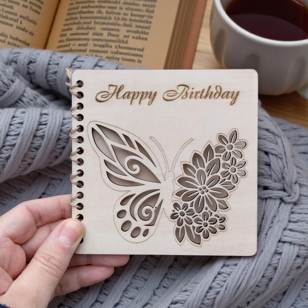 Wooden Happy Birthday Card for Her | Laser Cut Floral Butterfly Birthday Card | Engraved Wooden Keepsake Greeting Card Gift - product photo 3