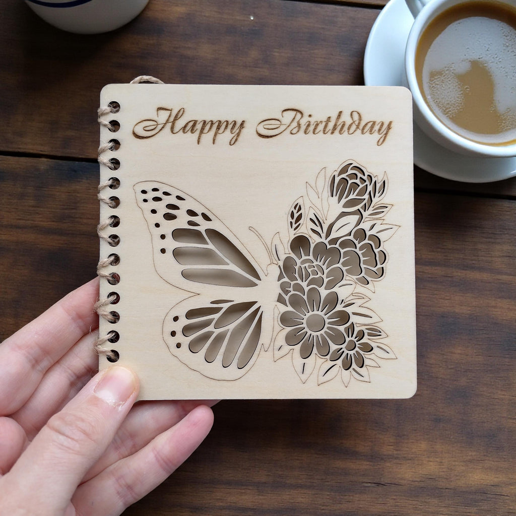Laser Cut Wooden Happy Birthday Card | Butterfly Floral Birthday Card for Her | Engraved Wooden Keepsake 21st 30th 40th Gift - product photo 2