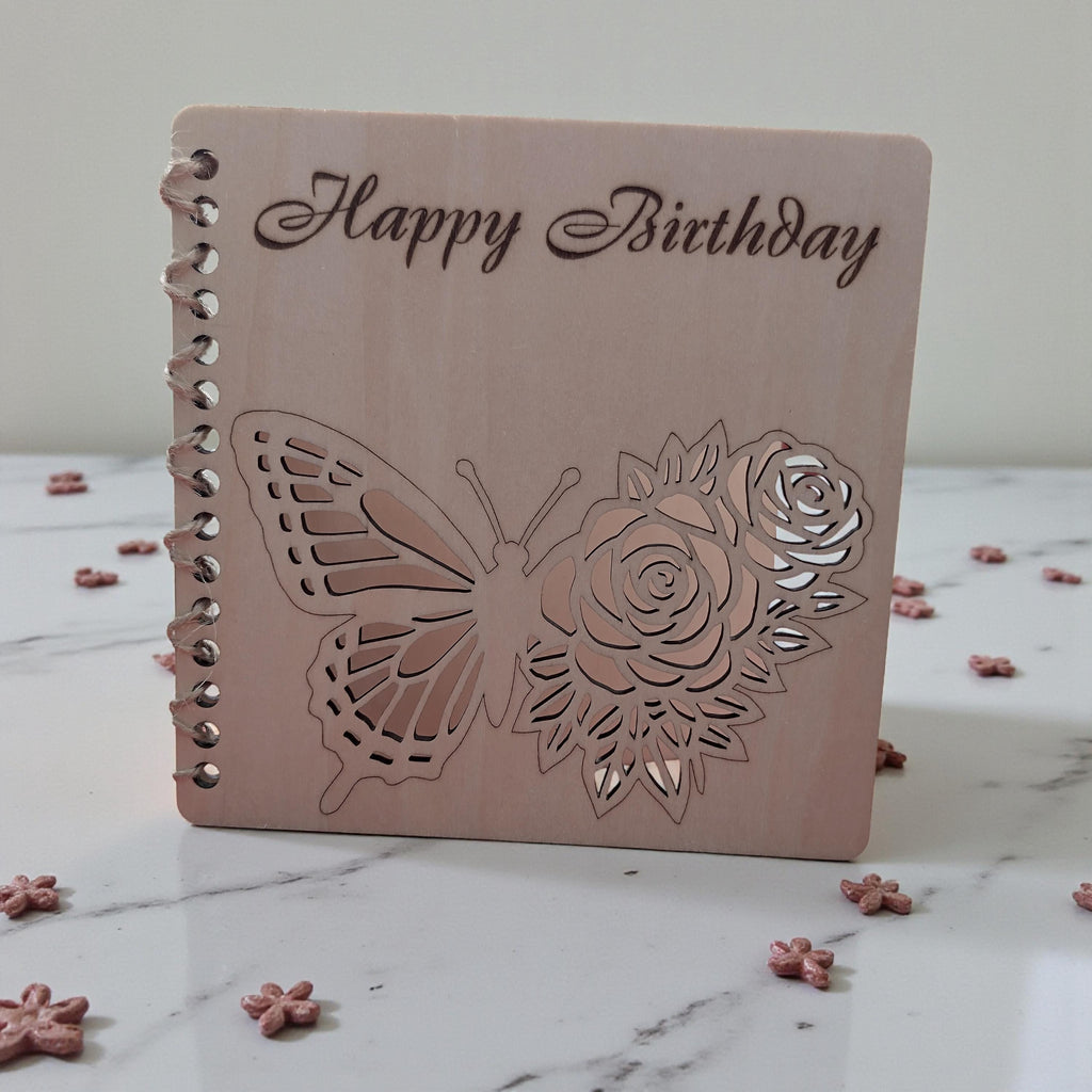 Wooden Happy Birthday Card | Laser Cut Floral Rose Butterfly Card | Milestone 65th 75th 80th 90th 100th Birthday Keepsake - product photo 3