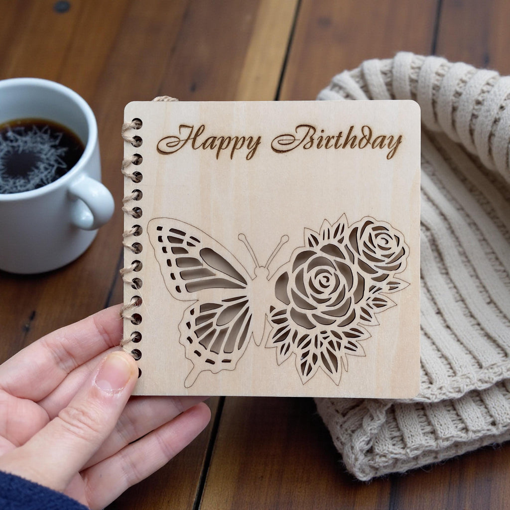 Wooden Happy Birthday Card | Laser Cut Floral Rose Butterfly Card | Milestone 65th 75th 80th 90th 100th Birthday Keepsake
