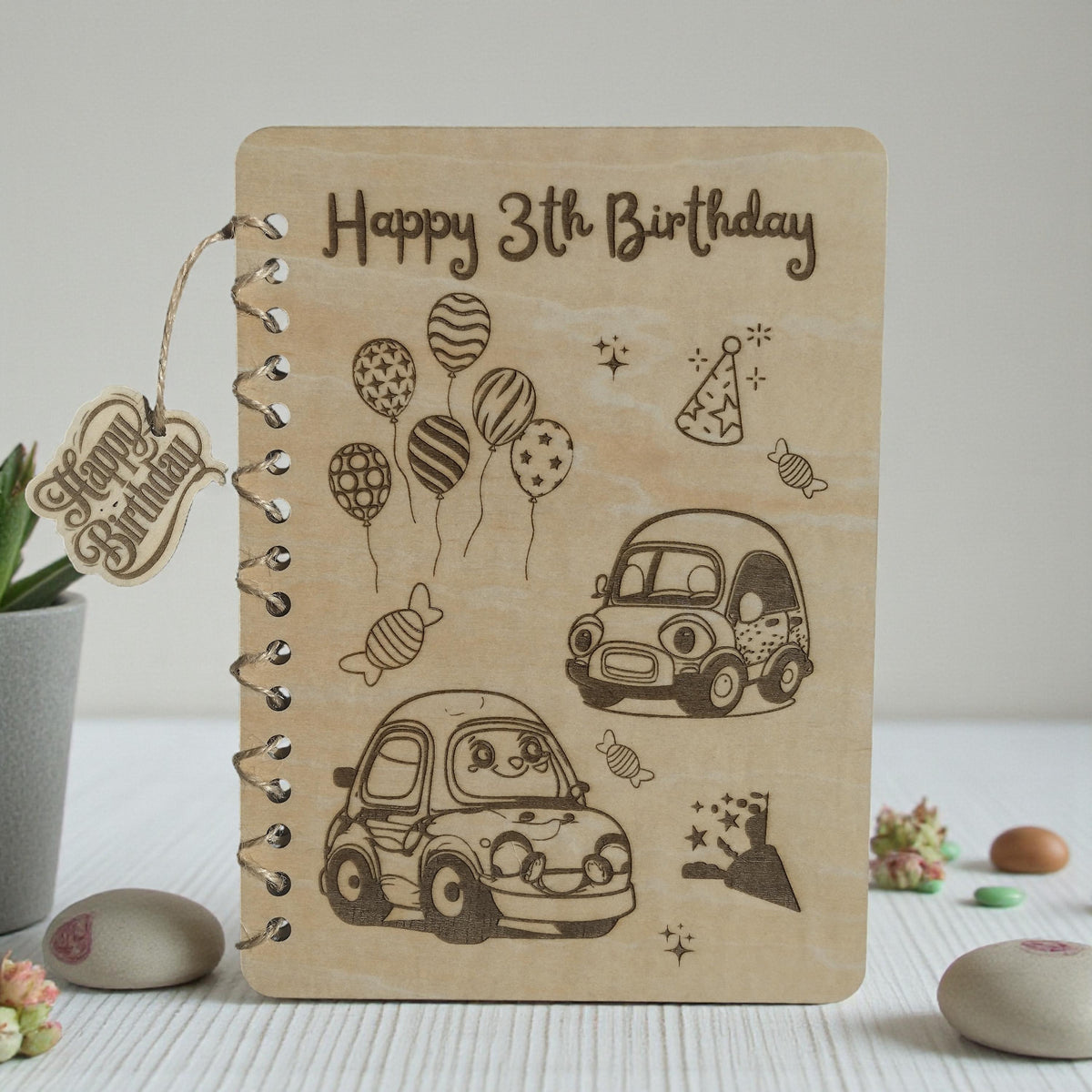 Personalized wooden 3rd birthday card,Laser engraved birthday card for toddler,A5 wooden birthday card for kids,Car themed  birthday  card