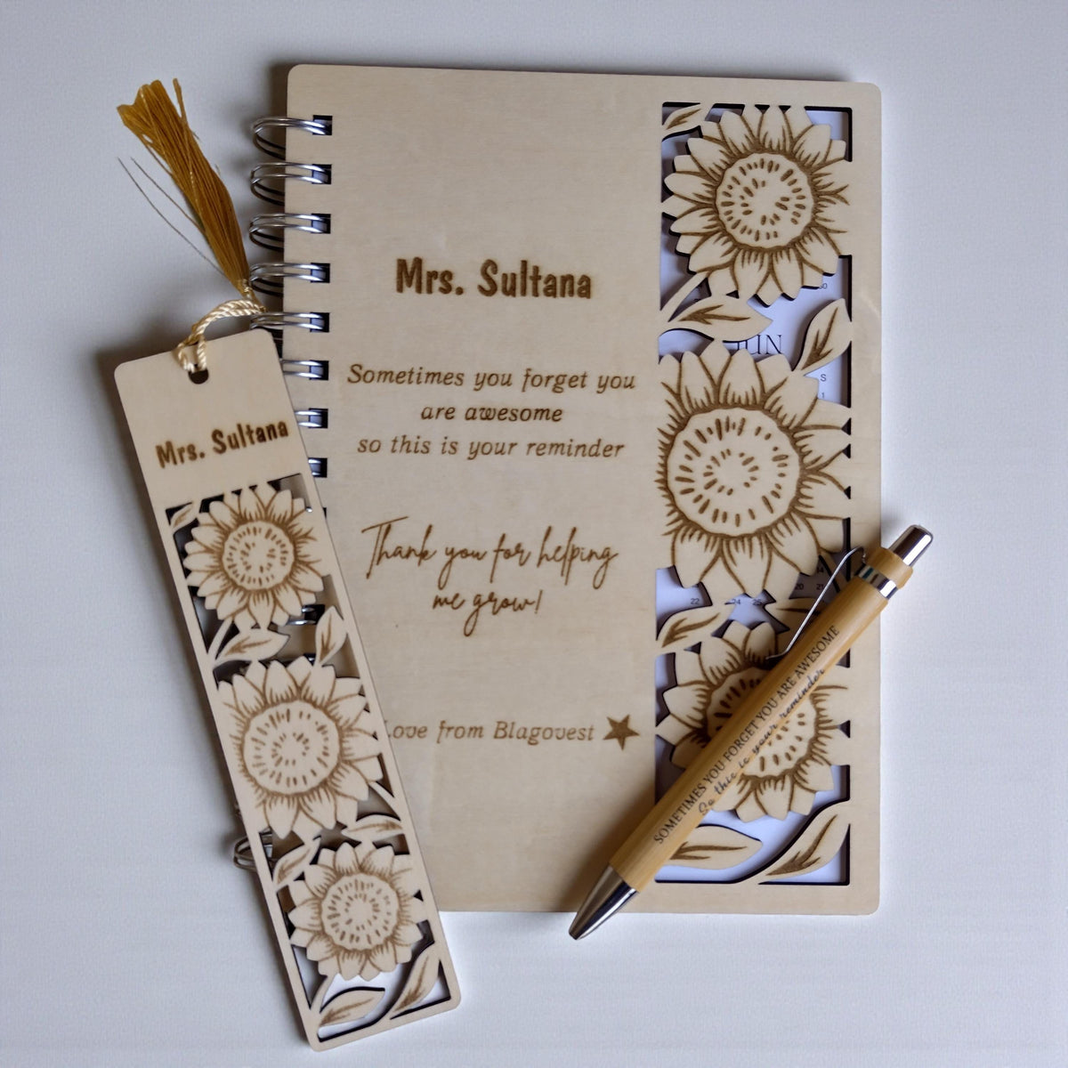 Laser Cut Wooden Notebook Gift Set,Personalized Wooden Stationery Set,Custom Engraved Notebook and Pen Set,Teacher Gift with Pen , Bookmark - product photo 3