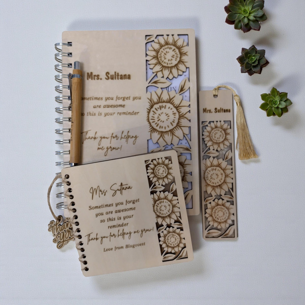 Laser Cut Wooden Notebook Gift Set,Personalized Wooden Stationery Set,Custom Engraved Notebook and Pen Set,Teacher Gift with Pen , Bookmark - product photo 2