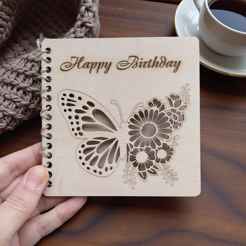 Personalised Wooden Happy Birthday Card | Laser Cut Floral Butterfly Card | Milestone 40th 50th 60th 70th Birthday Keepsake