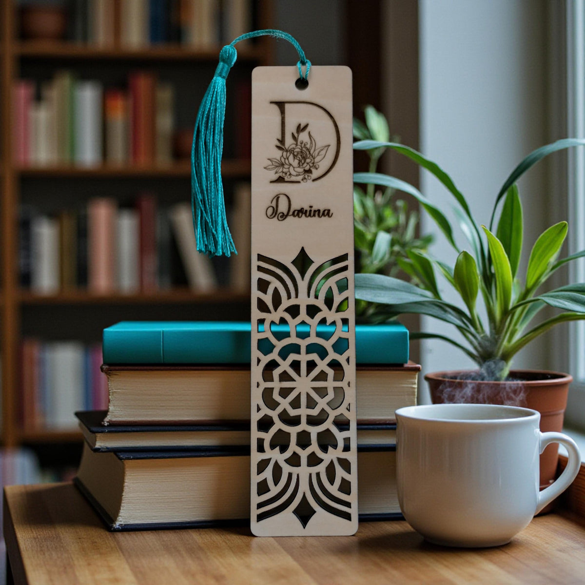 Personalized Wooden Bookmark with Name & Initial, Laser-Cut Floral Monogram Bookmark, Custom Gift for Book Lover, Teacher Gift - product photo 2