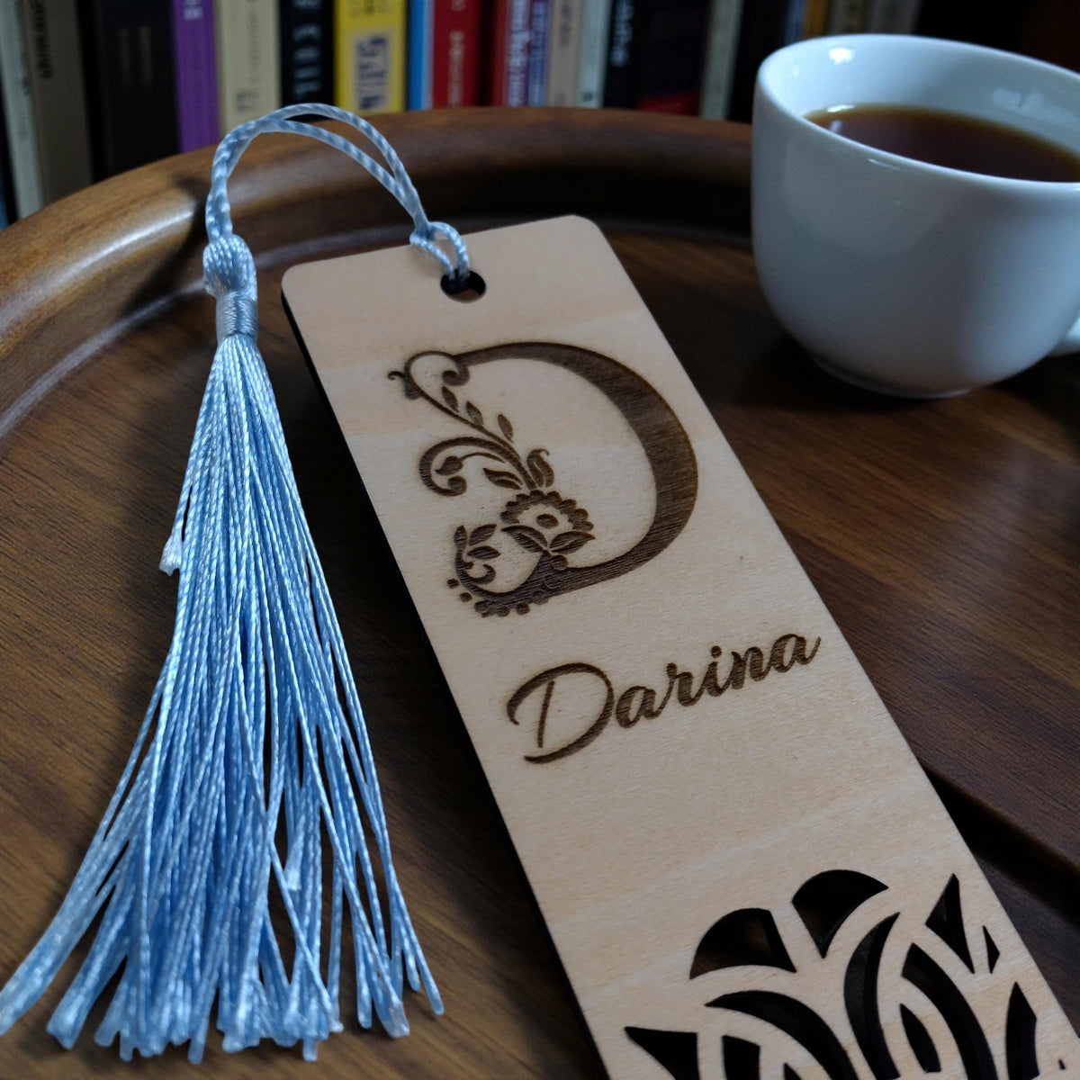 Personalized Wooden Bookmark with Name & Initial, Laser-Cut Floral Monogram Bookmark, Custom Gift for Book Lover, Teacher Gift - product photo 2