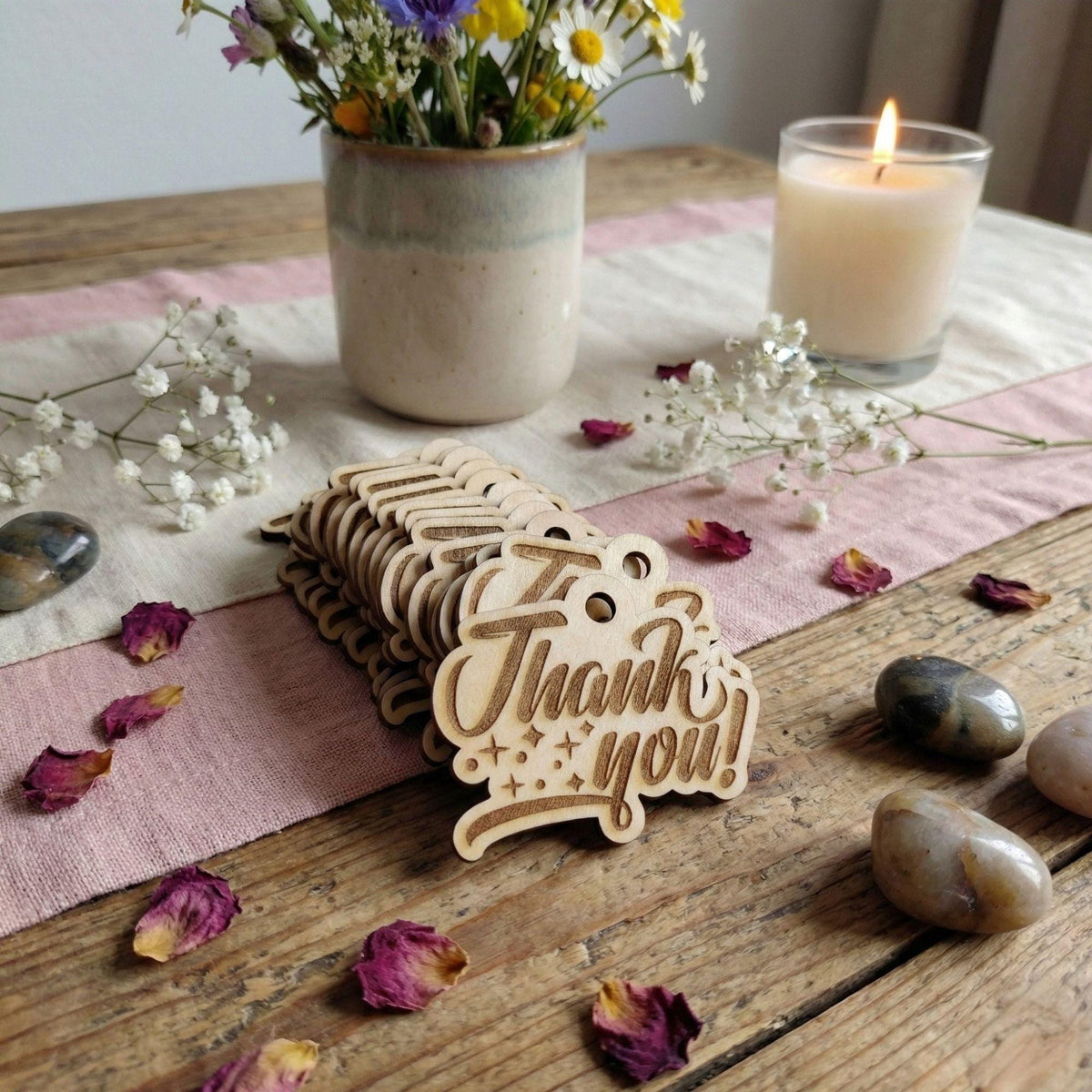 10 Personalised Wooden Thank You Tags | Custom Engraved Gift Tags | Party Favor Hang Tags | Rustic Small Business Packaging Labels 4x5cm - product photo 5
