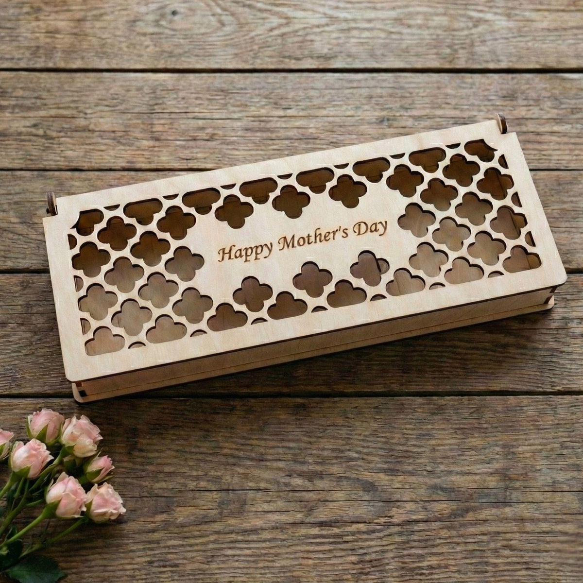 Personalised Wooden Gift Box with Rose, Mother’s Day Keepsake Box, Custom Engraved Lid, 23x10x2 cm, Gift for Mum