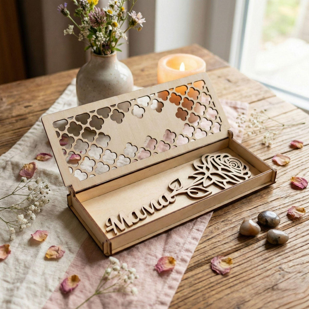 Personalised Wooden Gift Box with Rose, Mother's Day Keepsake Box, Custom Engraved Lid, 23x10x2 cm, Gift for Mum - product photo 2