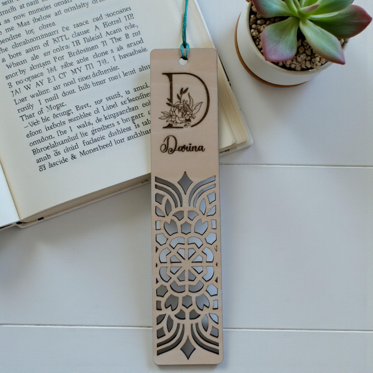 Personalized Wooden Bookmark with Name & Initial, Laser-Cut Floral Monogram Bookmark, Custom Gift for Book Lover, Teacher Gift