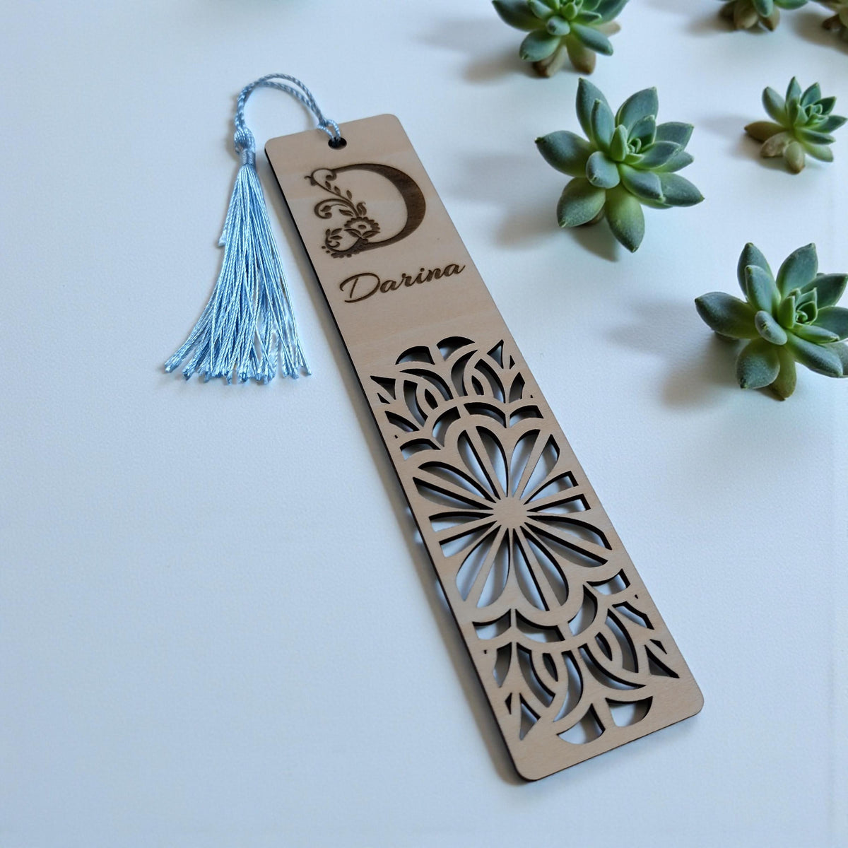 Personalized Wooden Bookmark with Name & Initial, Laser-Cut Floral Monogram Bookmark, Custom Gift for Book Lover, Teacher Gift