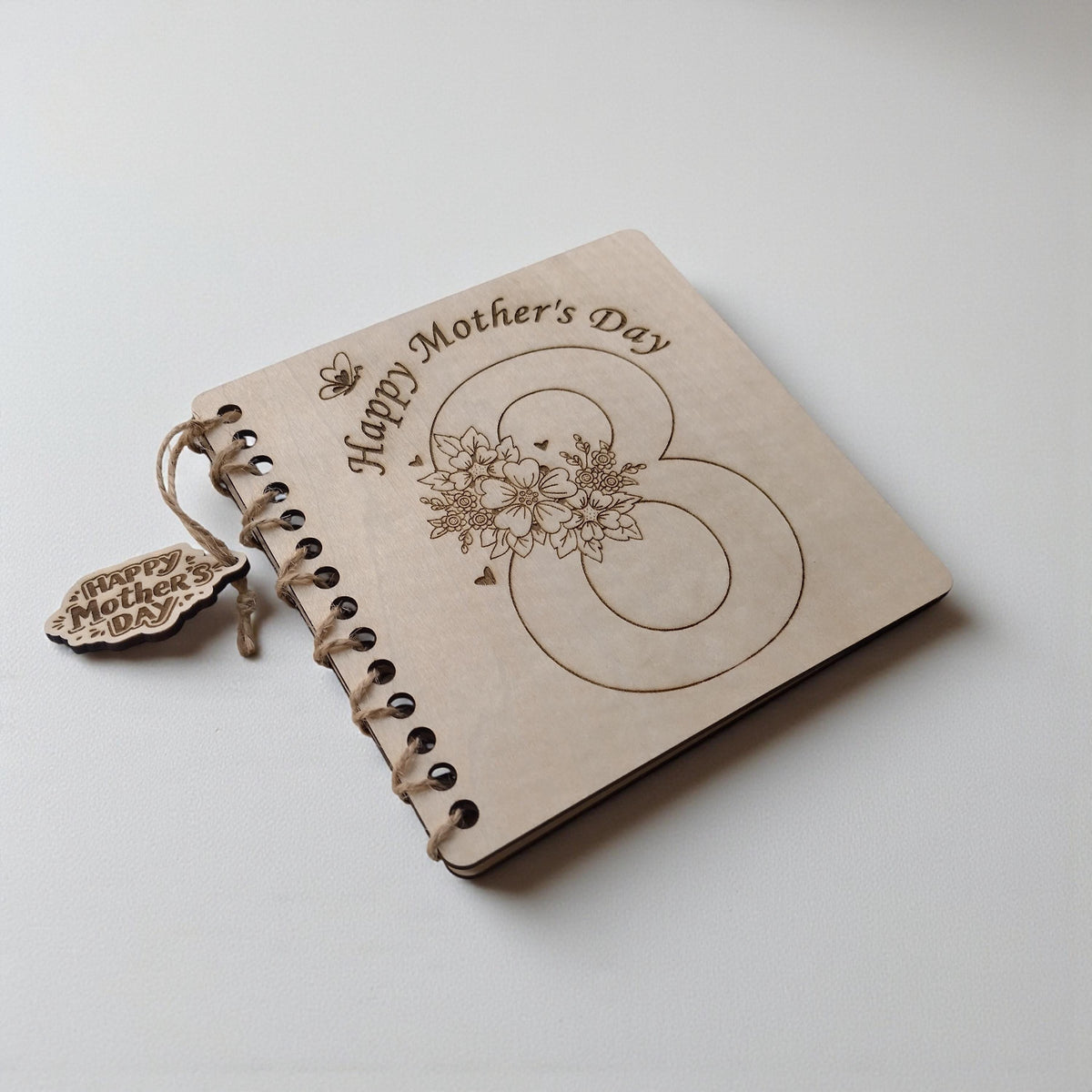 Wooden Mother's Day Card, Laser Engraved 13x13 cm, Floral Number 8 Keepsake Card, 8 March Gift for Mum, Handmade Card - product photo 3
